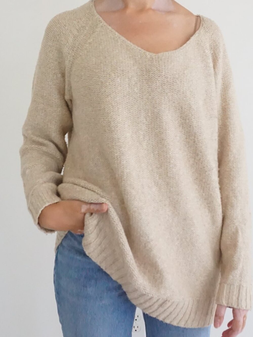 Lauren Ralph Lauren Cream Textured V Neck Knit Sweater L Minimalist